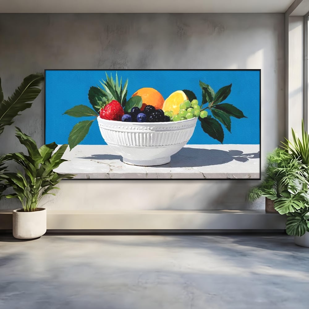 Tablou canvas cu pictura cu bol alb si fructe, in rama de aluminiu negru